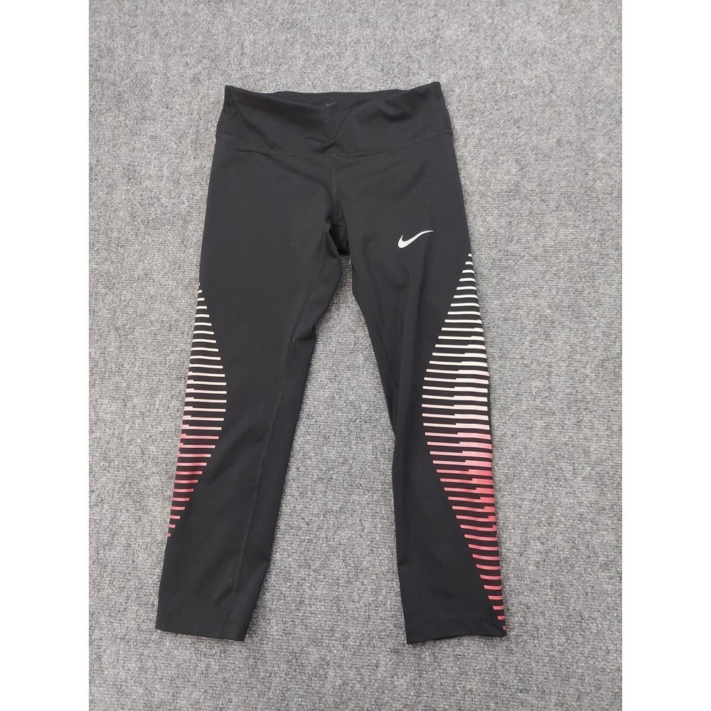 Nike Dri Fit Running Leggings Womens XS Black Pink Cropped Back Zip Pocket